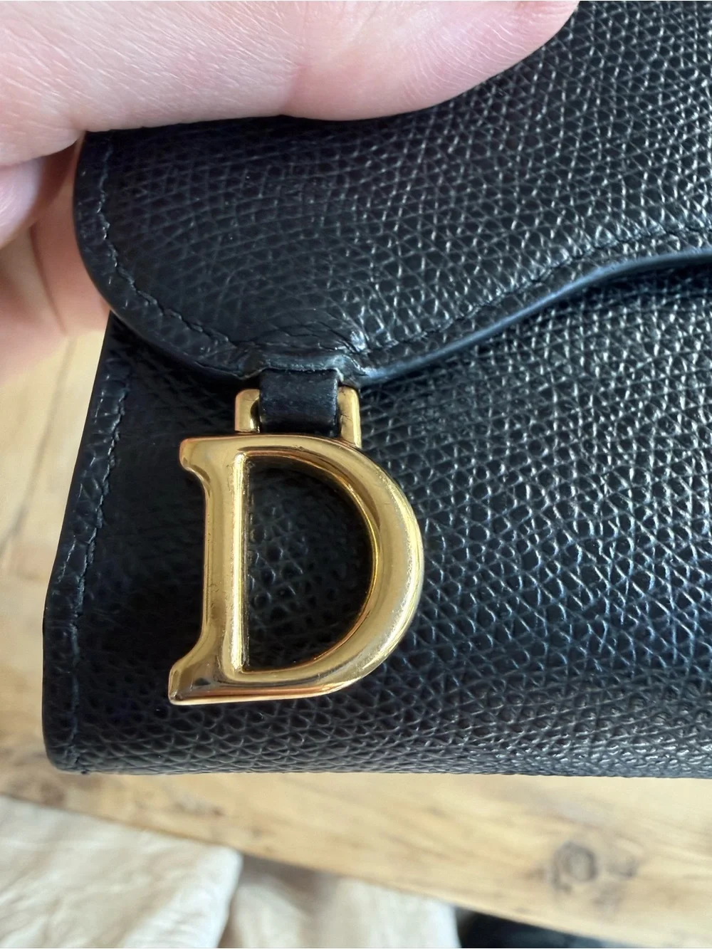 Christian Dior Vintage Saddle Trifold Wallet, Black Leather, Gold D Clasp